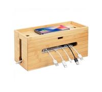 Caja para Cables Relaxdays de bambú, HBT: 16 x 34 x 13,5 cm, para regleta de 6 enchufes, con Tapa y Bridas, Natural
