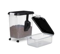 Relaxdays Juego Almacenamiento 2 Recipientes Comida para Perros, Cajas Pienso Mascotas, 10L y 30L, Tapa, Ruedas y Pala, Transparente/Negro