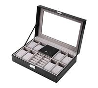 Caja para Relojes, 3 en 1 Almacenamiento de Anillos y Collares Reloj Caja, Estuche para Relojes Multifuncional 8 + 2 Grids Guarda Relojes, Estuche de Joyeria Organizadora y Exhibición (Negro)