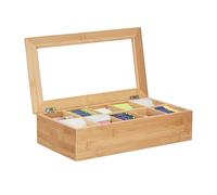 Relaxdays Caja para té e infusiones, 10 Compartimentos, Grande, Multi-usos, Sostenible, Transparente, Bambú, Marrón
