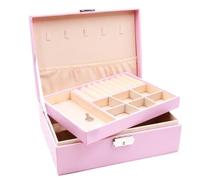 Caja portátil de doble capa for guardar joyas, expositor, estuche viaje, cajas almacenamiento con botones cuero Para Joyas(Pink)
