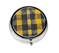 Caja redonda de almacenamiento de medicamentos con estampado a cuadros, color amarillo, gris y negro, pastillero portátil con 3 compartimentos