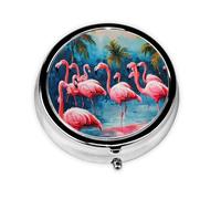 Caja redonda de almacenamiento de medicamentos con impresión de pintura de muchos flamencos, pastillero portátil, 3 compartimentos