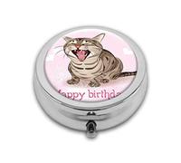 Caja redonda de cumpleaños con divertido gato canta una canción de felicitación, compartimento compacto, para bolsillo, bolso, tableta de medicina portátil, soporte de vitaminas de viaje