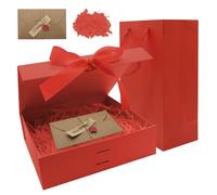Caja Regalo con Tapa Magnetica Caja Regalo con Lazo Bolso Rafia Tarjetas de Felicitación para Cumpleaños Aniversario Navidad,26×19×8cm(Rojo)