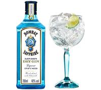 Caja regalo de Bombay Sapphire London Dry Gin con copa balón de cristal, 40% Vol., 70 cl / 700 ml, bebida espirituosa 100% infusionada al vapor con 10 botánicos seleccionados a mano