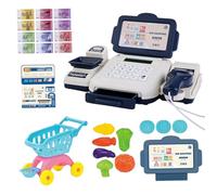 Caja registradora de juguete con escáner, caja registradora de simulación para niños con dinero de juguete, calculadora, tarjeta de crédito y comida, juguetes de simulación para niños y niñas (azul)