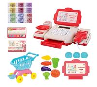 Caja registradora de juguete con escáner Caja registradora de simulación para niños con dinero ficticio, calculadora, tarjeta de crédito, comida, juguetes de simulación para niños y niñas, juguete ro