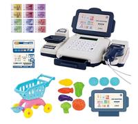 Caja registradora de juguete con escáner Caja registradora de simulación para niños con dinero ficticio, calculadora, tarjeta de crédito, comida, juguetes de simulación para niños y niñas, juguete