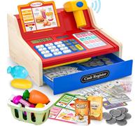 Caja Registradora Juguetes Niño 3 4 5 6 Años, Caja Registradora Madera Juguete con Datafono, Billetes y Monedas.Caja Registradora Juguetes con Sonidos - Supermercado Juguete Juego de Rol Regalos Niños