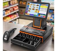 Caja Registradora Táctil de 15,6" para Pequeños Negocios, Con 8GB RAM 128GB SSD, Impresora Térmica Integrada, Pantalla LED para Cliente, Cajón Portamonedas y Lector de Códigos de Barras Black