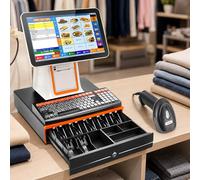 Caja Registradora Táctil Para Pequeños Negocios Minoristas, Tpv Comercio De 15,6" Con 58mm Impresora, Escáner De Códigos De Barras, Cajón Portamonedas Y Visor Para Cliente De 8 Dígitos White