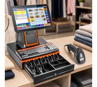 Caja Registradora Táctil Para Pequeños Negocios Minoristas, Tpv Comercio De 15,6" Con 58mm Impresora, Escáner De Códigos De Barras, Cajón Portamonedas Y Visor Para Cliente De 8 Dígitos Black