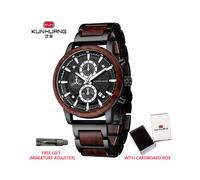(Caja roja negra) Relojes de madera KUNHUANG, reloj retro de cuarzo de madera multifunción luminoso