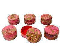 CAJA TAMAÑO MINI PASTILLERO SEDA ROJA INTERIOR REDONDA ARTESANIA DECOPAUGE VARIADO (EL PRECIO ES PARA 1 UNIDAD)