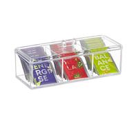 Relaxdays Caja Té, 3 Compartimentos, Dispensador Infusiones 9x23x9,5 cm, Plástico, Organizador con Tapa, Transparente