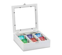 Relaxdays Scatola Porta Tè e Tisane Caja para té e infusiones, Siete Compartimentos, para 100 bolsitas, 6 x 25 x 25,5 cm, 1 Ud, Blanco, Tablero de Fibras