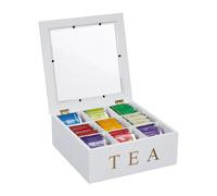 Relaxdays Caja Té, 9 Compartimentos, Organizador Infusiones, Bambú, con Ventana, 9 x 23,5 x 23,5 cm, Blanco/Dorado