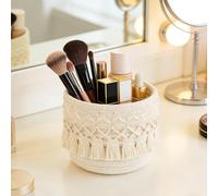Cajas de almacenamiento redondas de cuerda tejida para escritorio con flecos de borlas, organizador pequeño para brochas de maquillaje y uso en encimera en el hogar (blanco, 12 x 10 cm)