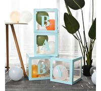 Cajas de globos para baby shower para niños, 4 cajas transparentes azules con 27 letras, 30 globos verdes y blancos y champán, cajas de bebé para baby shower, cumpleaños, decoración de graduación