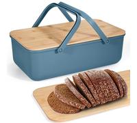 Cajas de pan con tapa, caja de pan con asas azules, caja de pan para cocina, espaciosa caja de pan retro de metal, para mantener el pan durante mucho tiempo y mantenerlo fresco, 38x21x13cm