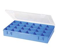 Cajas de plástico | 24 compartimentos | azul, tapa transparente | divisores fijos | apto para alimentos | PP-Classic | Cajas de surtido