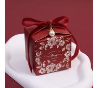 Cajas de regalo Caja de favores de boda Floral plateado brillante con caja de dulces de perlas for suministros de embalaje for fiesta de cumpleaños nupcial(Color:Dark red)