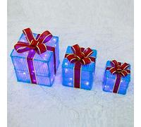 Cajas de regalo para Navidad, Cajas de regalo LED de tela de hierro con iluminación navideña, juego de 3 paquetes decorativos de Navidad, luces blancas cálidas, decoración interior y exterior(Blu)