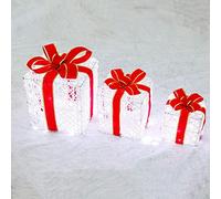 Cajas de regalo para Navidad, Juego de 3 cajas de regalo LED con iluminación decorativa navideña, hierro con lazo, juego de paquetes navideños cálidos(Silver)