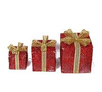 Cajas de regalo para Navidad, Juego de 3 cajas de regalo LED con iluminación decorativa navideña, hierro con lazo, juego de paquetes navideños cálidos(Rosso)