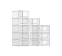SONGMICS Cajas de Zapatos Plástico, Juego de 12 Organizadores de Almacenamiento, Caja Zapatero Plástico Plegable y Apilable para Zapatillas hasta talla 44, Transparente y Blanco LSP12SWT