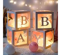 Cajas Decoración Baby Shower Niñas, 30 Globos Rosas y Blancos, 4 Cajas de Globos Transparentes con 4 Cuerdas de Luz y 33 Letras (BABY+ONE+A-Z), BEBÉ Caja para Baby Shower, Decoraciones de Cumpleaños