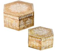 Cajas Hajdar Motiv 3, 15 cm, juego de 2, de madera maciza de mango | Hajdar Motiv 3: dos cajas de madera maciza de mango en marrón y blanco con tallas artesanales; para joyas o como regalo.