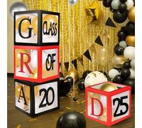 Cajas para globos de graduación 2024 - Pack de 4 cajas de globos negras y rojas con las letras "GRAD", "Class of 2024" y "Proud of You" para decoraciones de graduación de la universidad y secundaria