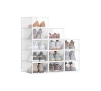 SONGMICS Cajas para Zapatos, Organizador de Zapatos de Plástico, con Puerta, Transparente, Juego de 18, Apilable, 33,2 x 23 x 14,5 cm, para Zapatos hasta 43, Transparente y Blanco Nube LSP318W01