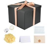 Cajas Regalo, Negro Caja Carton Regalo, 23x23x18cm Caja para Regalo, Cajas de Carton con Tapa+Cinta+Rafia+Tarjeta de felicitación+Sobre+Luz para Navidad Cumpleaños Aniversario Bodas
