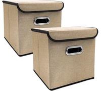 Cajas Tela Almacenaje con Tapa,Plegable Contenedores De Almacenamiento Plegables Con Tapa, Cestas Tela Lino 25x25cm, Caja Decorativa Lavable, 2 Uds(Khaki)