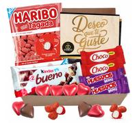 Cajita para Regalo con Chocolate Kinder Bueno, Bombones en forma de Corazon Rellenos, Huesitos, Gominolas, y Mucho Más · Día de la Madre · Con Tarjeta y Texto Personalizada