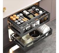 Cajón de almacenamiento de cocina extraíble de gran capacidad, bandeja deslizante de 2 niveles, aleación de aluminio resistente con guía de amortiguación para una nización eficiente y ahorro de