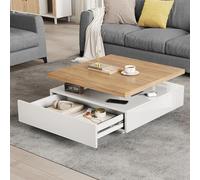 Cajón de café cuadrado multifuncional giratorio de 360°, color blanco brillante de 2 niveles, mesa central giratoria y armario de almacenamiento, marco de madera de nogal, mesa auxiliar para salón, 70
