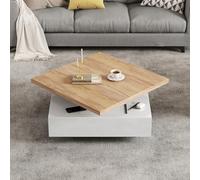Cajón de café cuadrado multifuncional giratorio de 360°, color blanco brillante de 2 niveles, mesa central giratoria y armario de almacenamiento, marco de madera de nogal, mesa auxiliar para salón,
