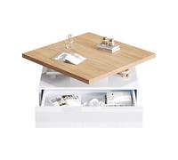 Cajón de café multifuncional cuadrado giratorio 360°, mesa auxiliar giratoria de dos niveles y armario de almacenaje en blanco brillante, mesa auxiliar de salón con estructura de aglomerado de nogal,