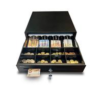 Cajón Portamonedas Caja Registradora - Apertura Automática RJ11 o Manual con Llaves - Organizador de Dinero 4 Compartimentos para Billetes 8 para Monedas - 41x41cm - Estructura Metálica - Color Negro