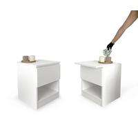 Cajonera blanca minimalista con cajón visible y compartimentos ocultos, cerradura NFC con App Bluetooth en cajón secreto, mueble camuflado con estante abierto y doble fondo invisible para dinero