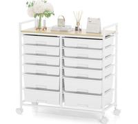 Cajonera Con Ruedas KINGRACK Con 12 Cajones y Encimera de Madera, Cajones Almacenaje Para Baños, Cocinas, Salones y Oficinas (Blanco)