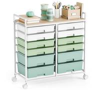 Cajonera Con Ruedas KINGRACK Con 12 Cajones y Encimera de Madera, Cajones Almacenaje Para Baños, Cocinas, Salones y Oficinas (Verde)