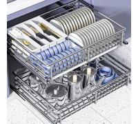 Cajonera extraíble de dos niveles para armarios de cocina, cesta de alambre de acero inoxidable 304 con bandeja de goteo y mecanismo de cierre suave, estante extensible para platos, organizador de