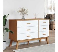 Cajonera Olden blanca y marrón madera maciza pino 6 cajones | 111 x 42 x 73,5 cm, amplio espacio de almacenamiento, patas de madera, tablero de exposición, estilo escandinavo