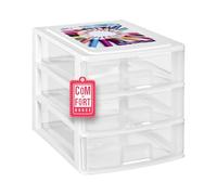 Cajonera Plástico 3 Cajones Transparente Blanco - Organizador de Escritorio, Mini Cajonera para Papeles y Material de Oficina, Organizador de Documentos 355 x 265 x 265 mm