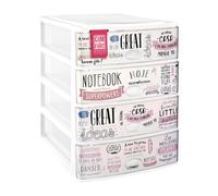 Cajonera Plástico 4 Cajones Textos Blanco - Organizador de Escritorio, Mini Cajonera para Papeles y Material de Oficina, Organizador de Documentos 355 x 265 x 350 mm